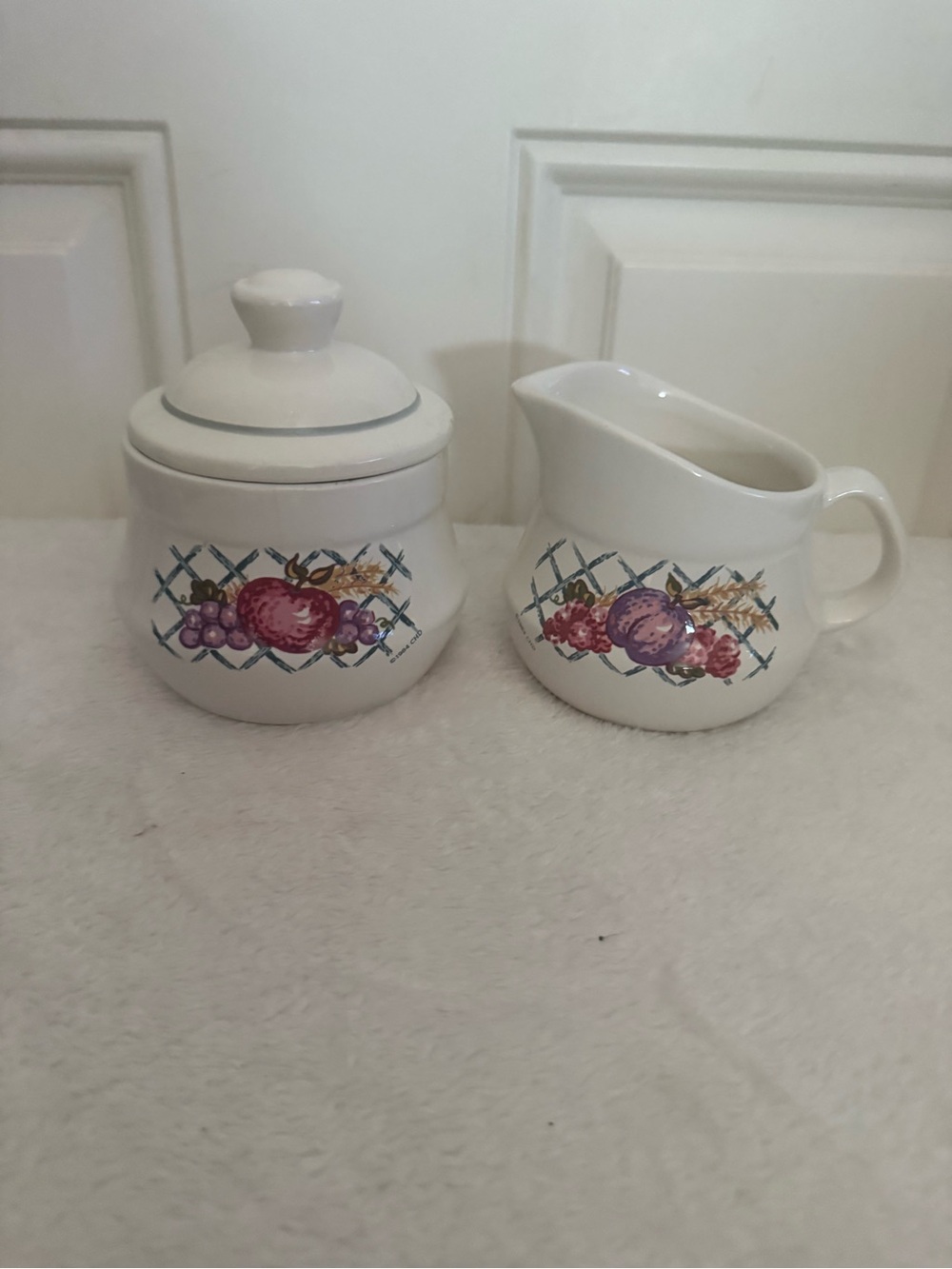 White Ceramic Sugar Bowl & Creamer Set with Pink and Purple Fruit Motif